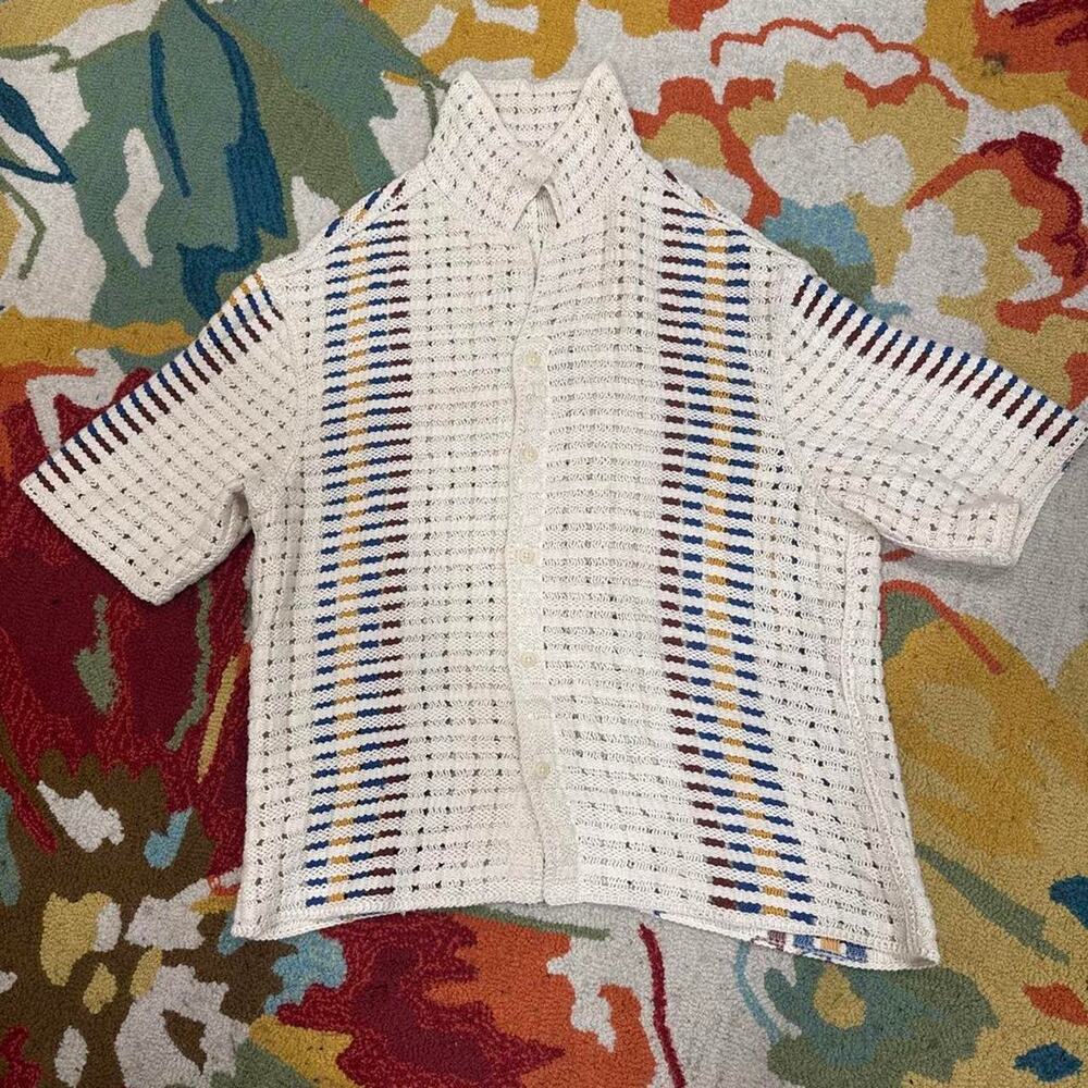 White knit button up shirt with